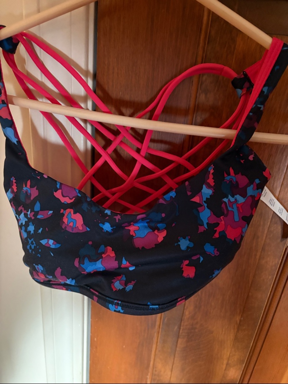 lululemon athletica Black Sports Bra with Pink & Blue Print and Lattice Back